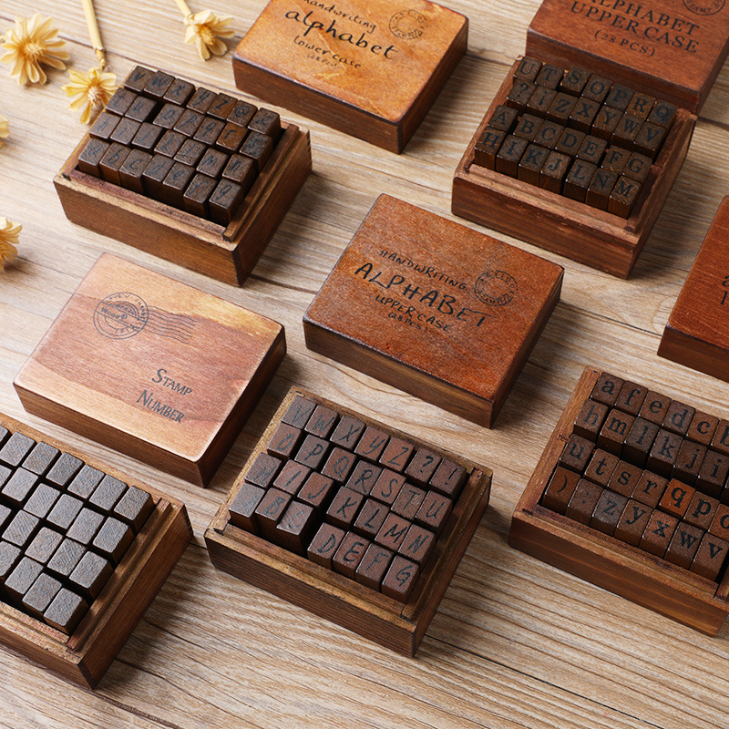 Box Art And Craft - 28Pcs/Box Stempel Alfabet Vintage Kayu Karet